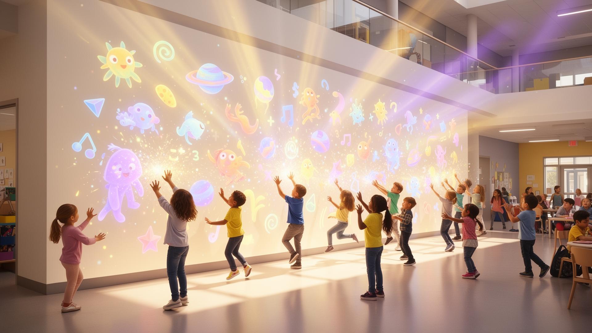 Children jumping at a glowing interactive projection wall bursting with neon sparks