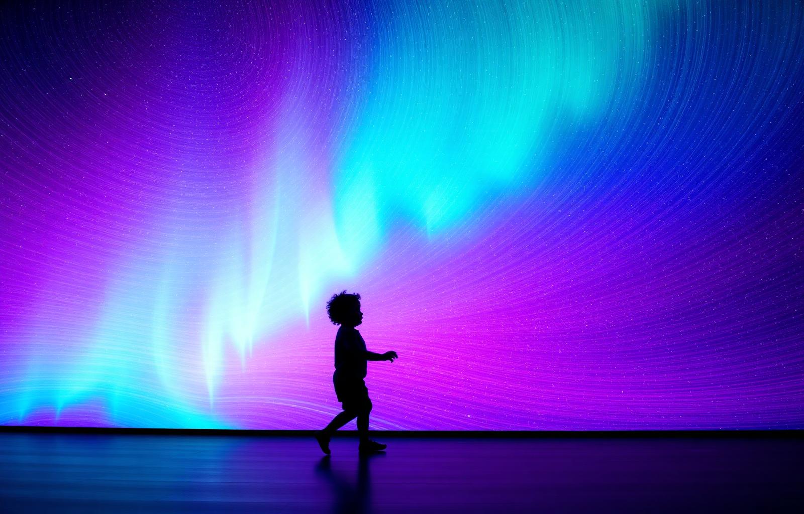 Child silhouette in front of an aurora projection wall