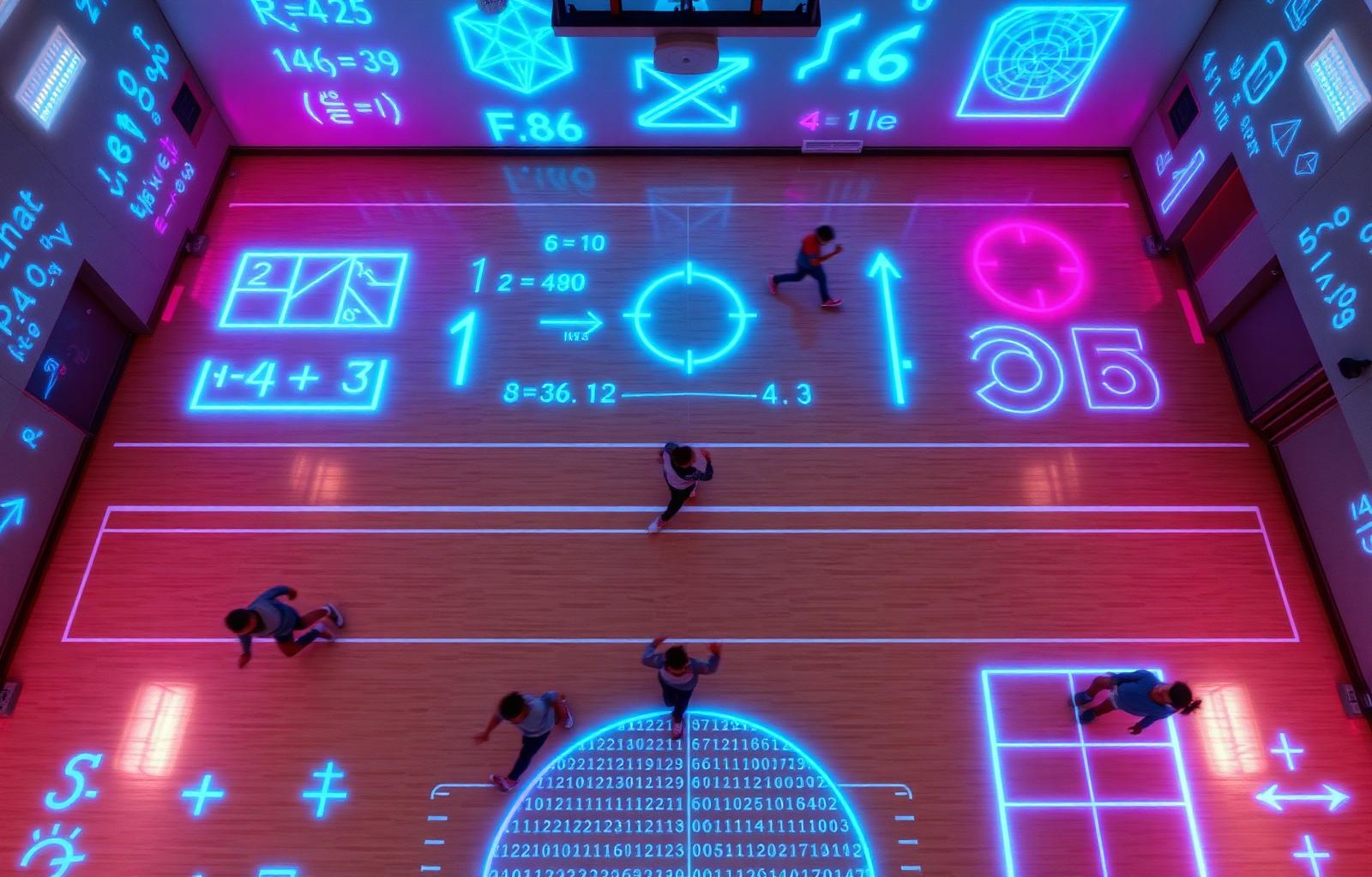 Gym floor projected with neon math equations