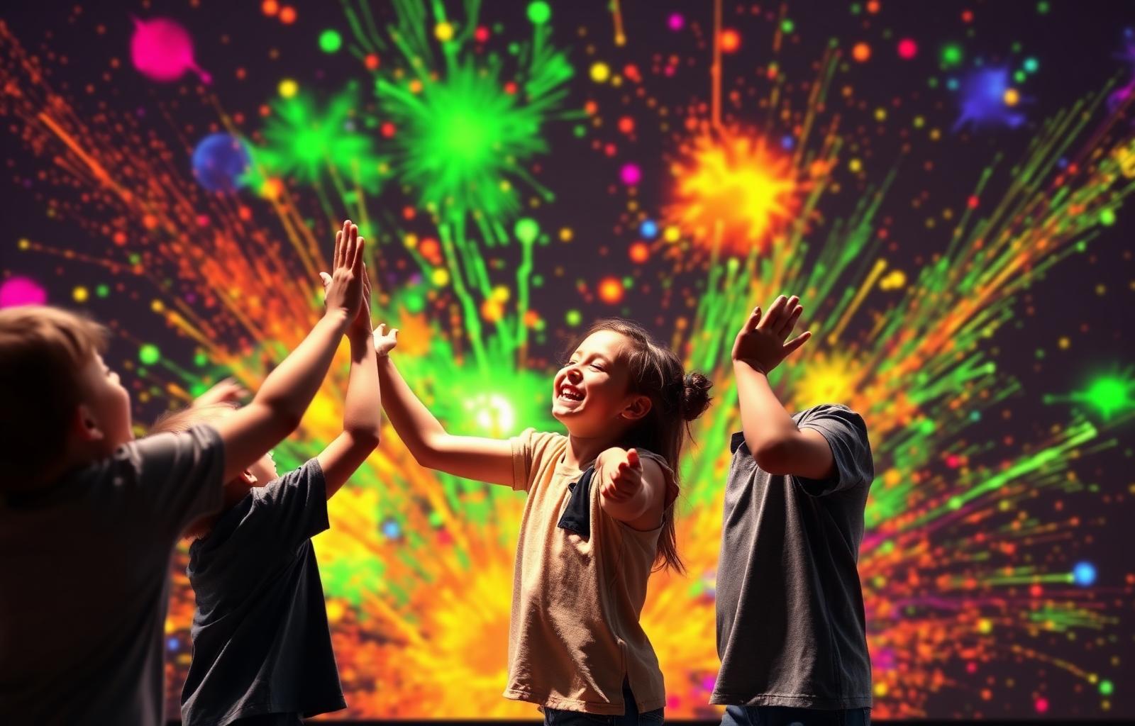 Children celebrating at an interactive paint-splash wall