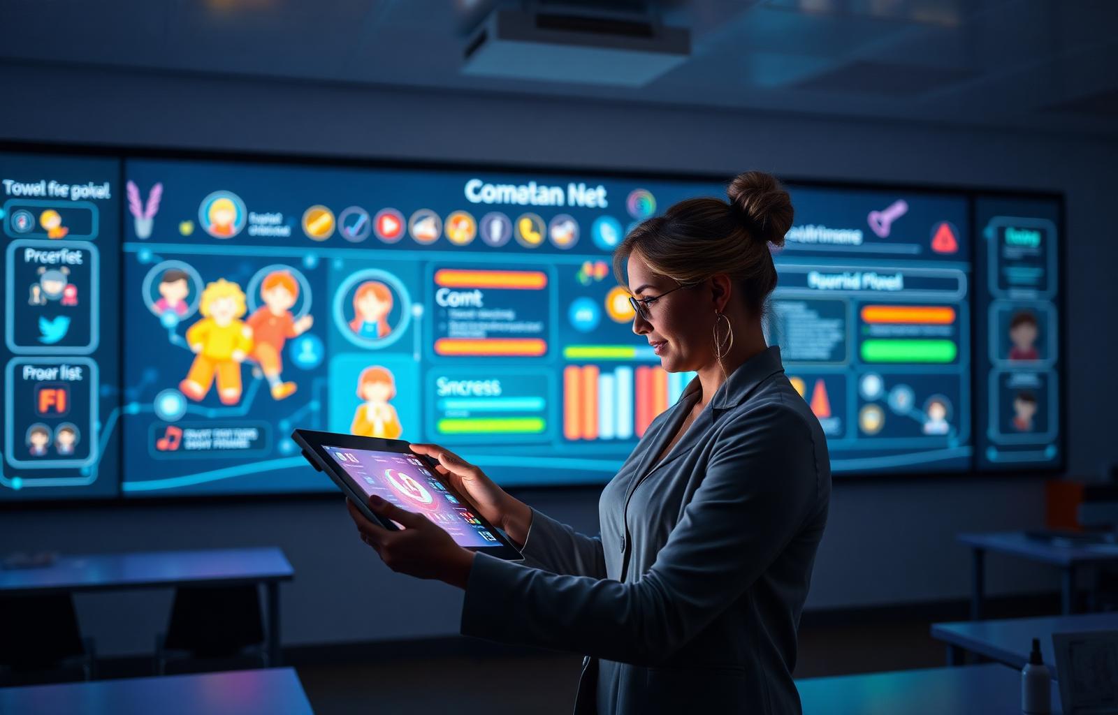 Teacher controlling an interactive wall via tablet console